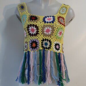 NWT Womens Regina Yellow Multicolor Square Knit Fringed Crochet Tank Top OS RETA